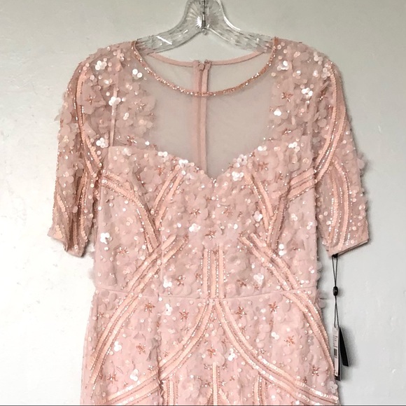 Adrianna Papell 3D Floral Embellishments Midi Cocktail Dress in Shell/Pink - Picture 3 of 14